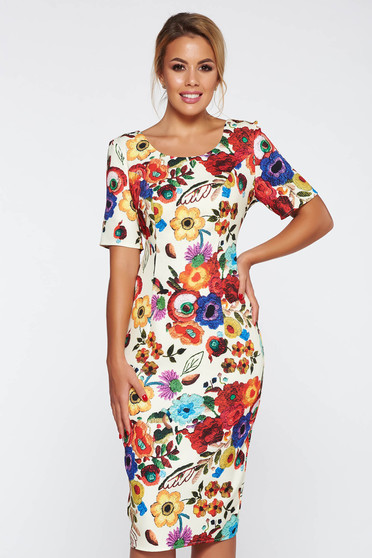 Rochie crem eleganta tip creion cu imprimeuri florale din material usor elastic