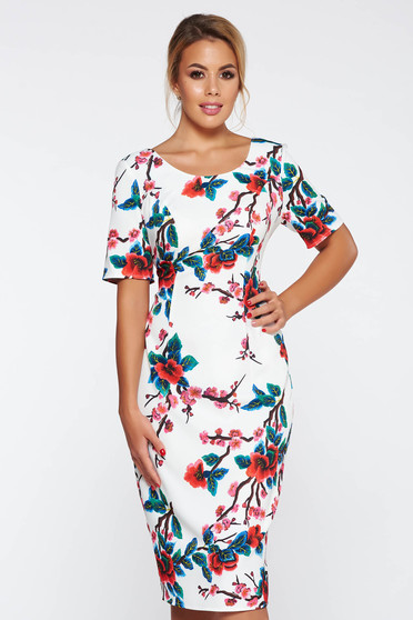 Rochie alba eleganta tip creion cu imprimeuri florale din material usor elastic
