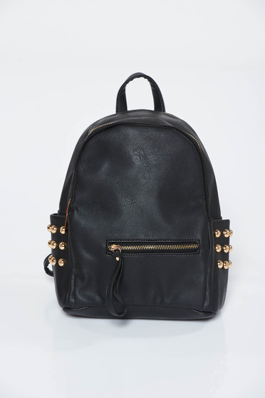 Rucsac negru casual din piele ecologica cu aplicatii metalice aurii