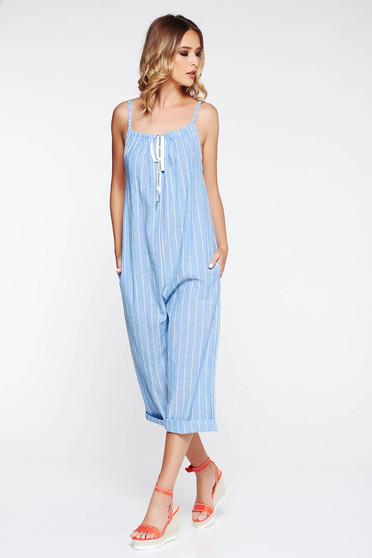 Salopeta SunShine albastra casual cu croi larg cu buzunare accesorizata cu snur