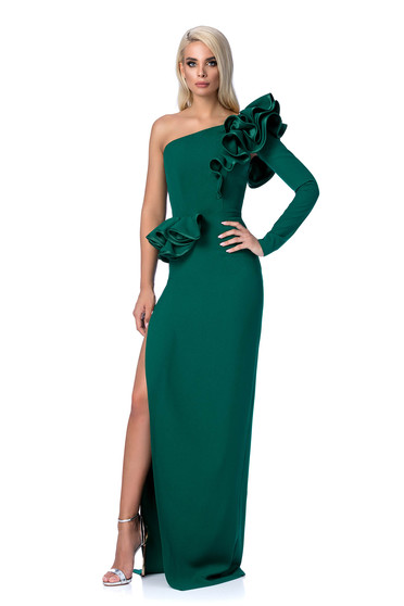 Rochie Ana Radu verde de ocazie cu un croi mulat cu volanase din material elastic si fin