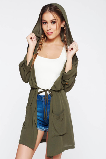 Cardigan SunShine khaki casual cu croi larg cu buzunare si gluga nedetasabila