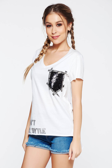 Tricou SunShine alb casual din bumbac cu croi larg cu print si aplicatii cu paiete