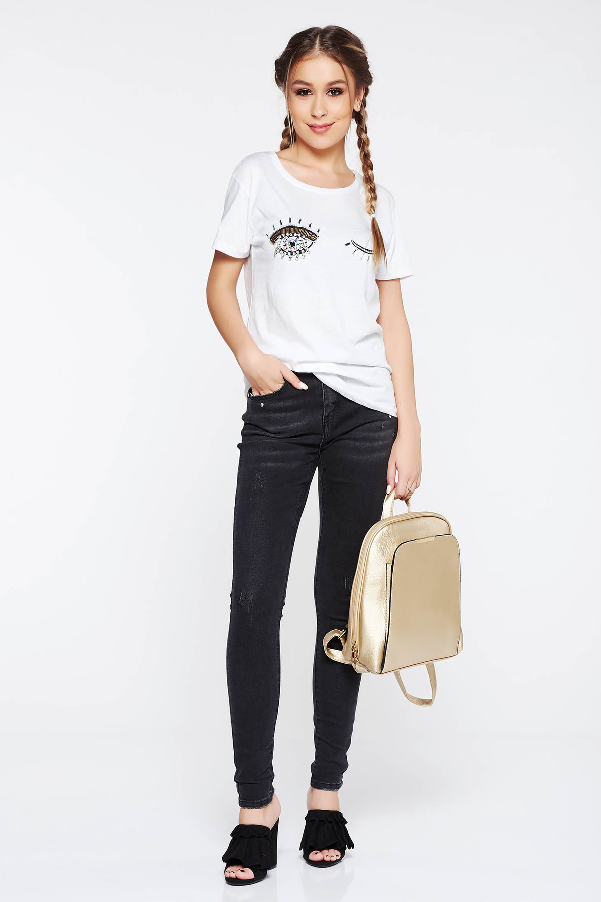 Tricou alb casual cu croi larg din bumbac cu aplicatii cu pietre strass