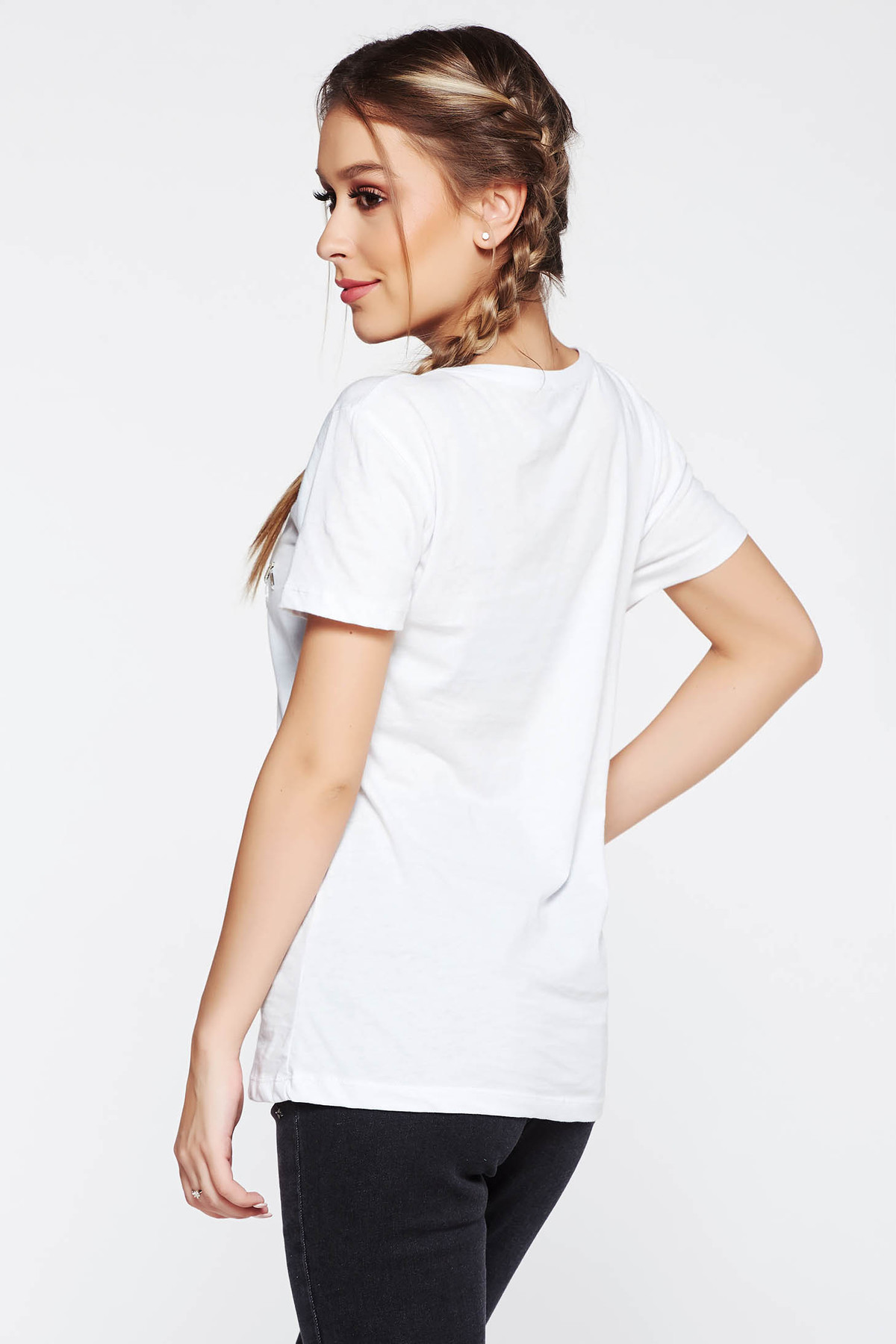 Tricou alb casual cu croi larg din bumbac cu aplicatii cu pietre strass