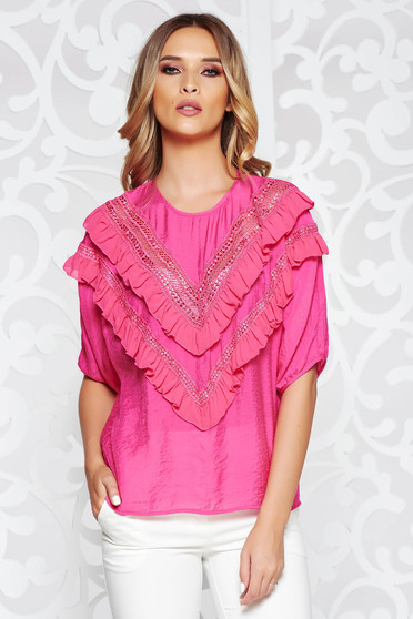 Bluza dama SunShine roz casual cu croi larg din material vaporos cu volanase si maneci largi