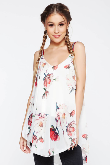 Top SunShine alb casual cu croi larg din voal captusit pe interior cu imprimeuri florale