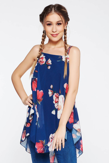 Top SunShine albastru-inchis casual cu croi larg din voal captusit pe interior cu imprimeuri florale