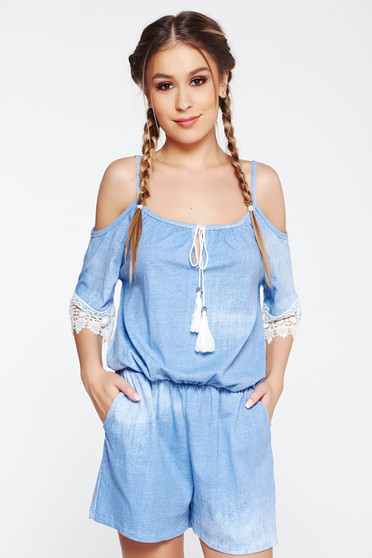 Salopeta SunShine albastra casual cu croi larg cu elastic in talie cu umeri decupati si aplicatii de dantela