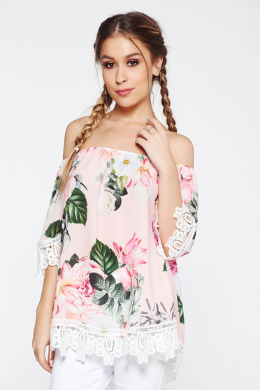 Bluza dama SunShine rosa casual cu croi larg cu umeri goi si aplicatii de dantela tricotata