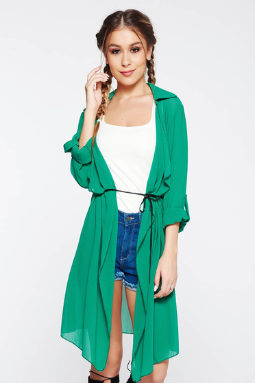 Cardigan SunShine verde casual din voal cu maneci lungi si snur in talie