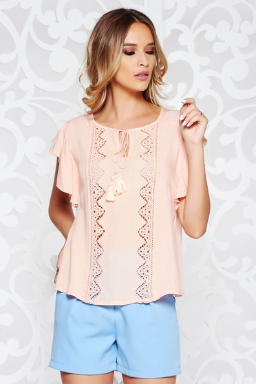Bluza dama piersica casual cu croi larg din material vaporos si transparent cu maneci largi