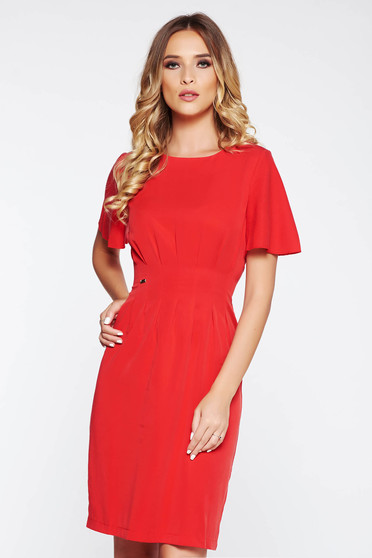 Rochie rosie office cu un croi evazat din material usor elastic cu maneci largi