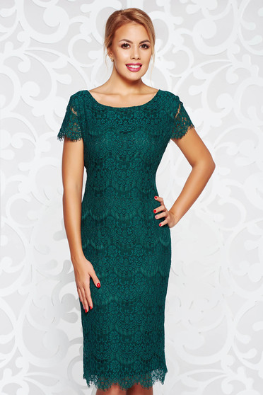 Rochie verde-inchis eleganta din dantela captusita pe interior cu maneca scurta