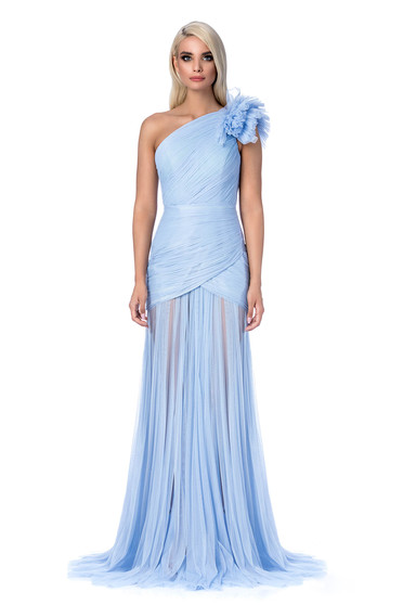 Rochie Ana Radu albastra-deschis de lux tip corset din tul captusita pe interior pe umar