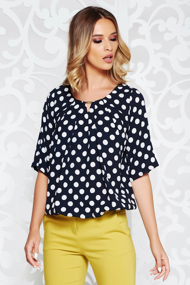 Bluza dama albastra-inchis office cu croi larg din material vaporos cu buline si elastic in talie