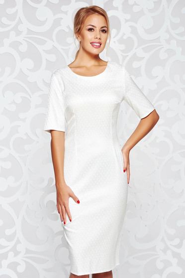 Rochie alba eleganta midi tip creion din material usor elastic cu maneci scurte