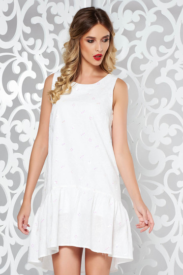 Rochie StarShinerS alba casual cu un croi drept din material vaporos brodat cu aplicatii cu paiete