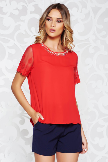 Bluza dama StarShinerS rosie eleganta cu croi larg din voal cu maneci din dantela si aplicatii cusute manual