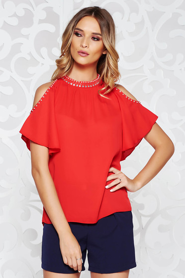 Bluza dama StarShinerS rosie eleganta cu croi larg din voal cu umeri decupati cu aplicatii cusute manual