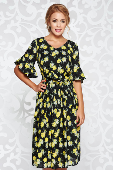 Rochie galbena de zi in clos din material vaporos captusita pe interior cu elastic in talie
