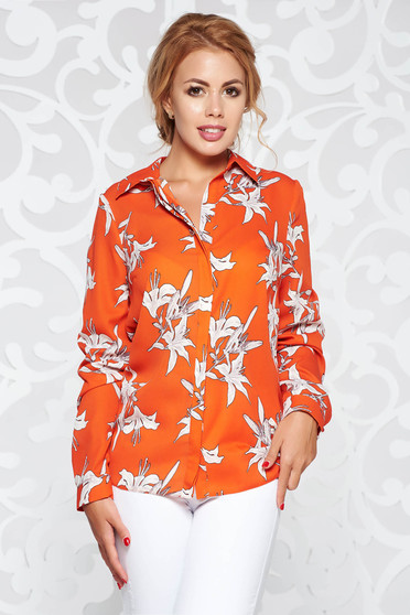 Bluza dama StarShinerS portocalie casual din material fin la atingere cu guler ascutit si maneca lunga