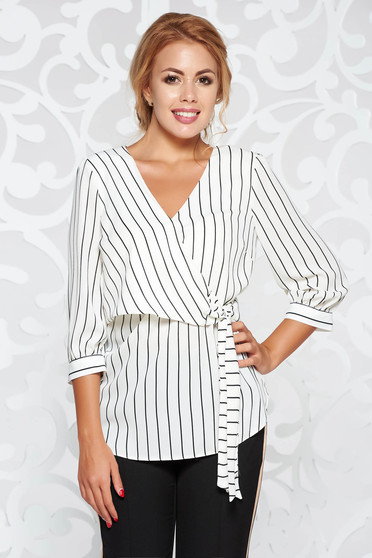 Bluza dama StarShinerS alba office petrecuta din material vaporos accesorizata cu cordon
