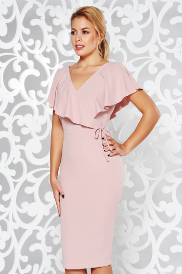 Rochie StarShinerS rosa eleganta tip creion din material elastic cu decolteu in v