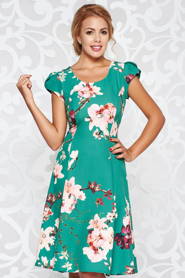 Rochie verde eleganta in clos din stofa subtire usor elastica cu imprimeuri florale