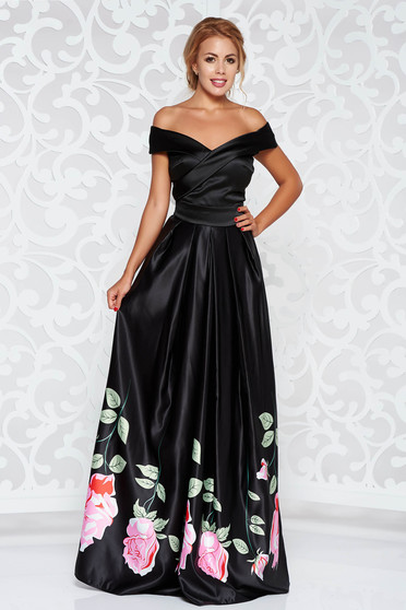 Rochie Artista neagra de ocazie in clos cu umeri goi din material satinat cu imprimeuri florale