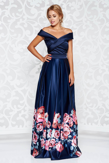 Rochie Artista albastra de ocazie in clos cu umeri goi din material satinat cu imprimeuri florale