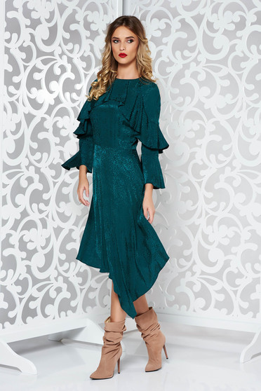 Rochie verde-inchis asimetrica in clos din material satinat cu volanase