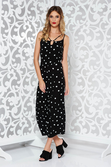 Salopeta StarShinerS neagra casual cu bretele din material vaporos cu buline
