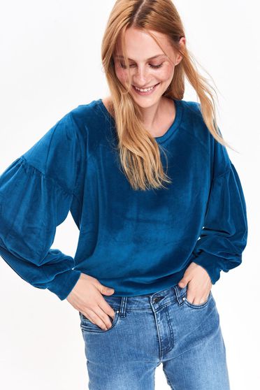 Pulover Top Secret albastru casual cu croi larg din catifea cu maneci bufante