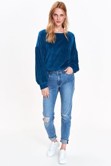 Pulover Top Secret albastru casual cu croi larg din catifea cu maneci bufante