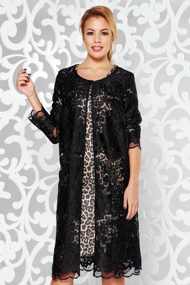 Bolero negru elegant cu croi larg din dantela cu maneci lungi