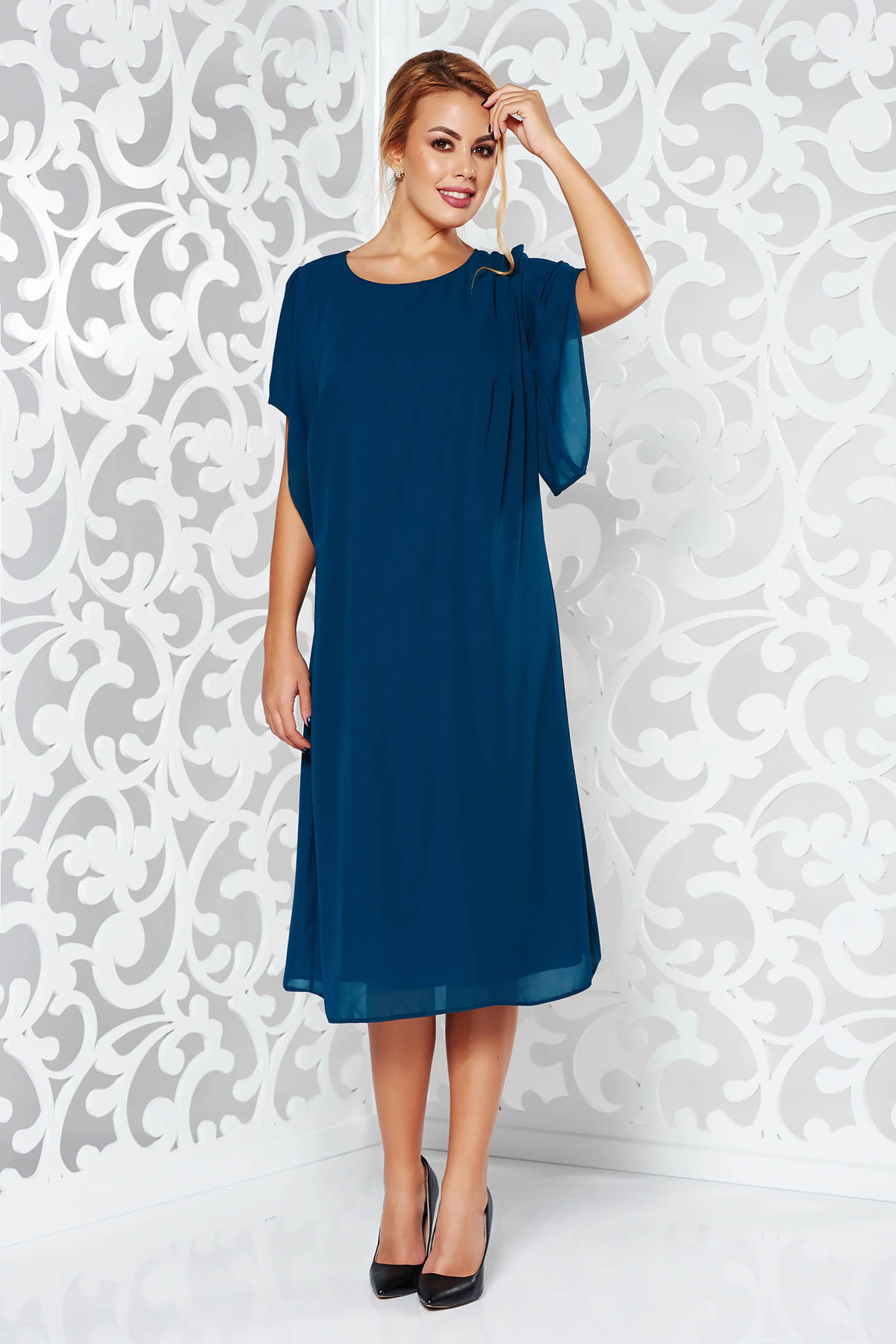 Rochie verde-inchis eleganta cu croi larg din voal captusita pe interior cu maneci largi