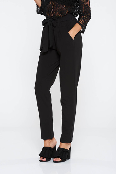Pantaloni SunShine negri casual cu talie inalta din material usor elastic cu buzunare
