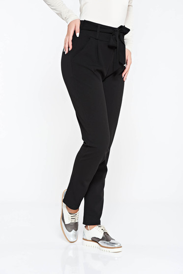Pantaloni SunShine negri casual cu talie inalta din material usor elastic cu buzunare