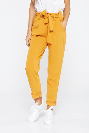 Pantaloni SunShine mustarii casual cu talie inalta din material usor elastic cu buzunare