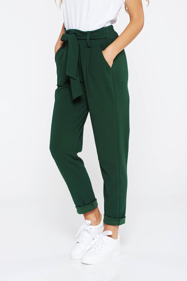 Pantaloni SunShine verde inchis casual cu talie inalta din material usor elastic cu buzunare