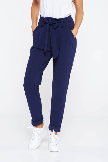 Pantaloni SunShine albastri-inchis casual cu talie inalta din material usor elastic cu buzunare