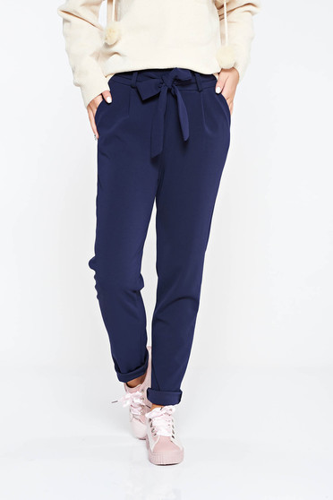 Pantaloni SunShine albastri-inchis casual cu talie inalta din material usor elastic cu buzunare