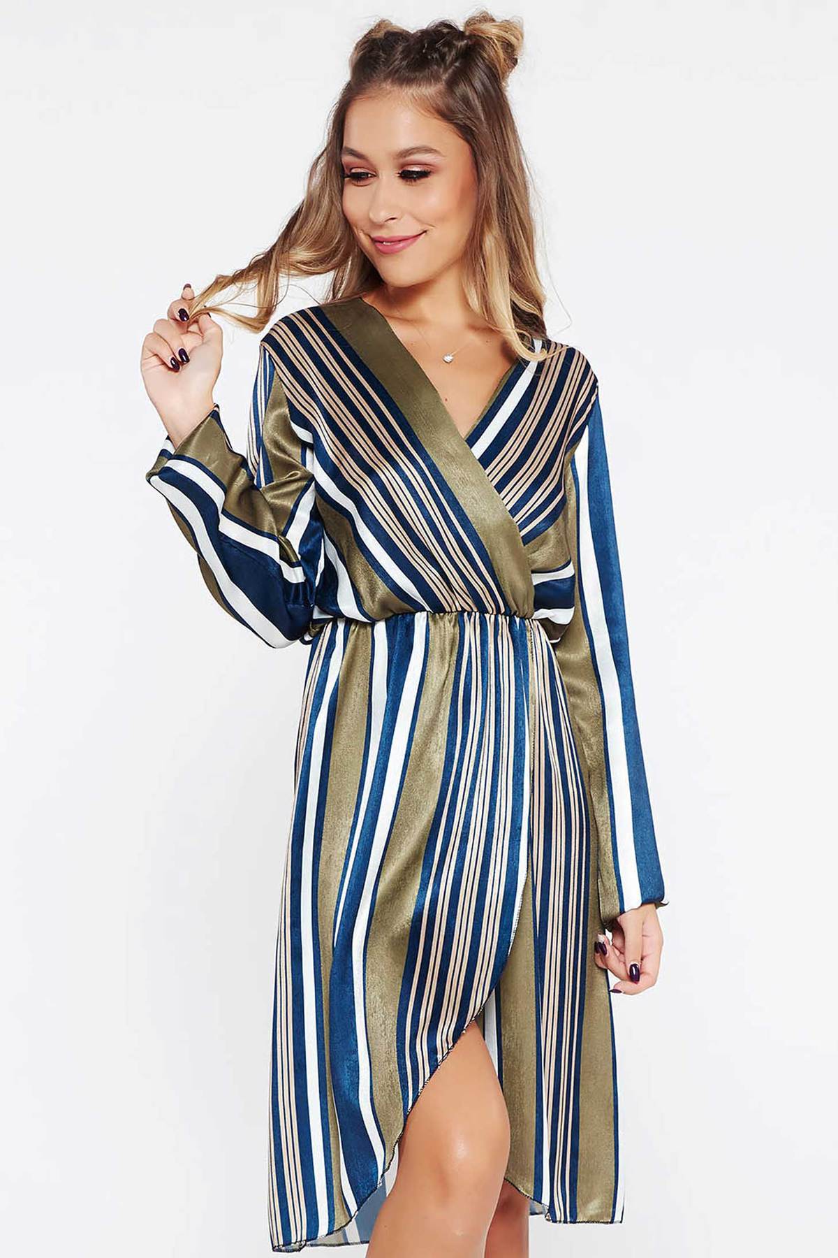 Rochie SunShine khaki de zi din material satinat cu elastic in talie si decolteu in v