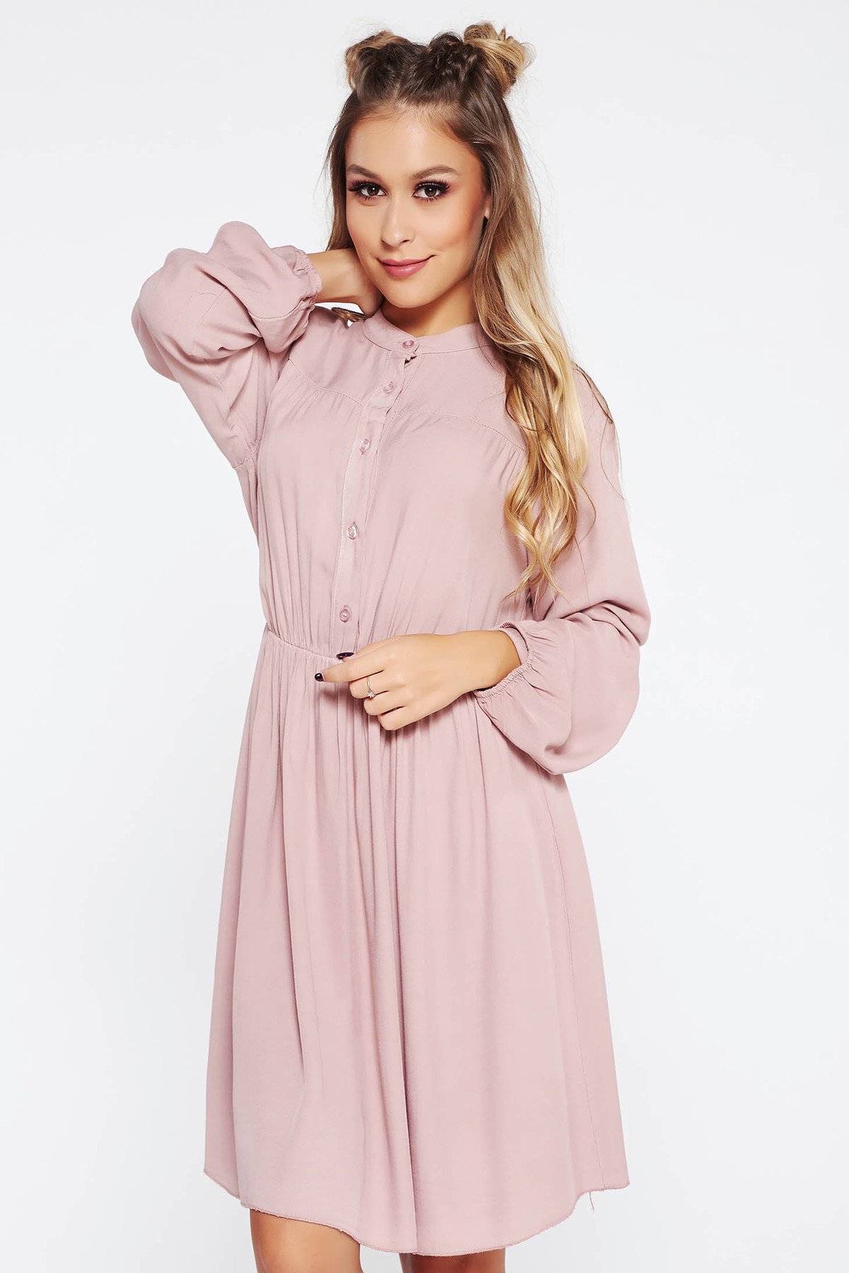 Rochie SunShine rosa casual in clos din material vaporos cu elastic in talie