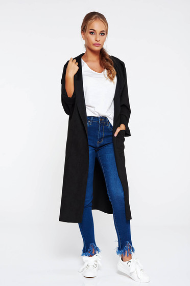 Cardigan SunShine negru casual lunga din material catifelat