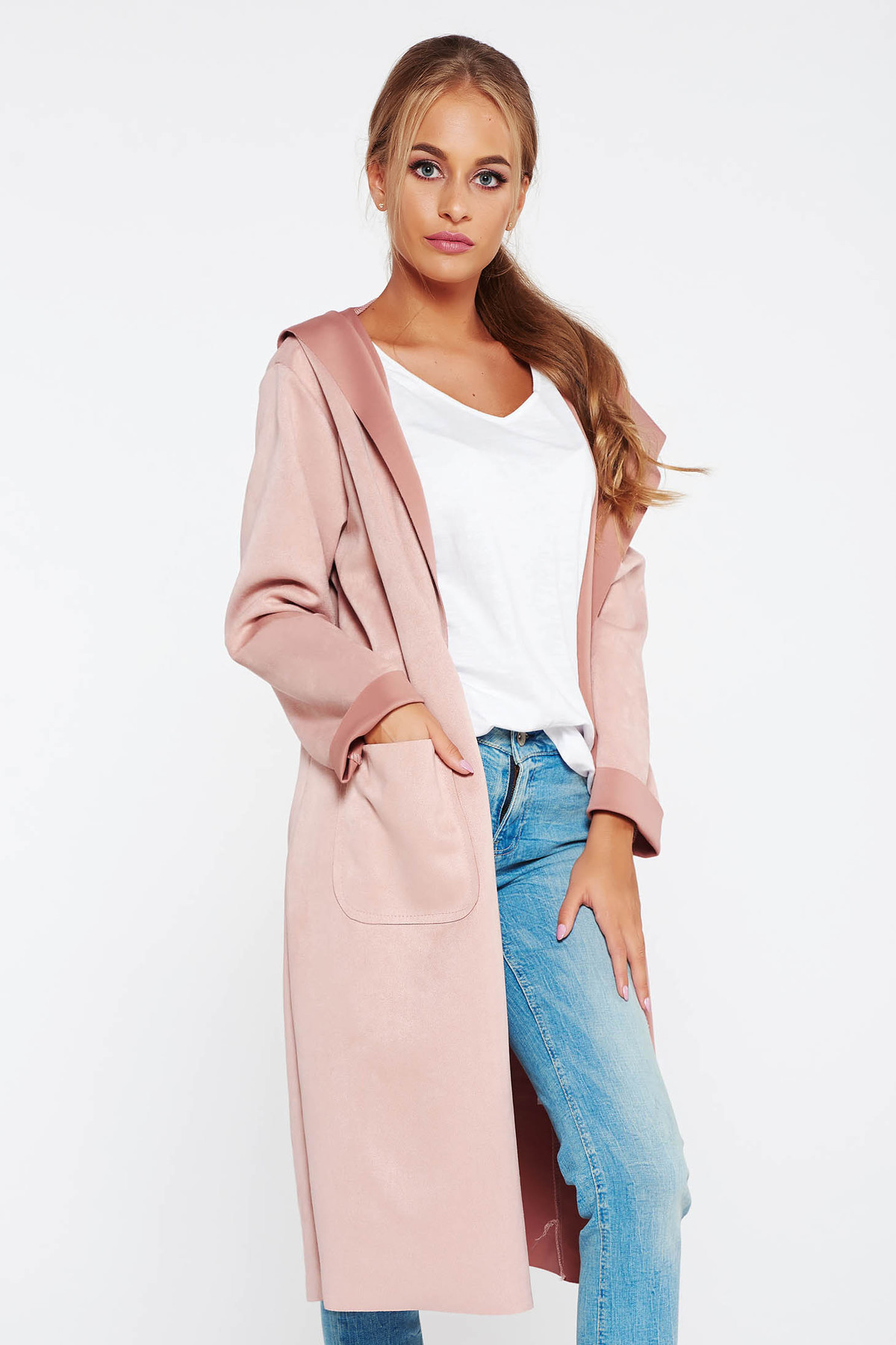 Cardigan SunShine rosa casual lunga din material catifelat