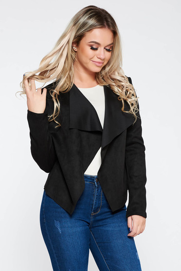 Cardigan SunShine negru casual cu croi larg din material catifelat si moale