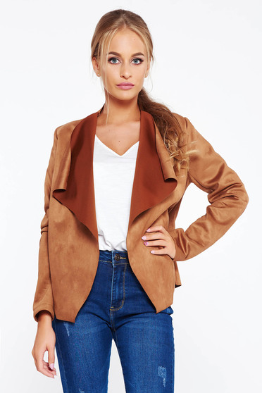 Cardigan SunShine maro casual cu croi larg din material catifelat si moale