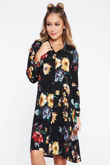 Rochie SunShine neagra casual cu croi larg din material vaporos cu imprimeuri florale